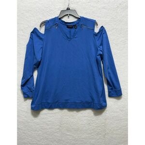 Susan Graver Weekend Cold Shoulder Top XL Blue Zipper Accents Long Sleeve